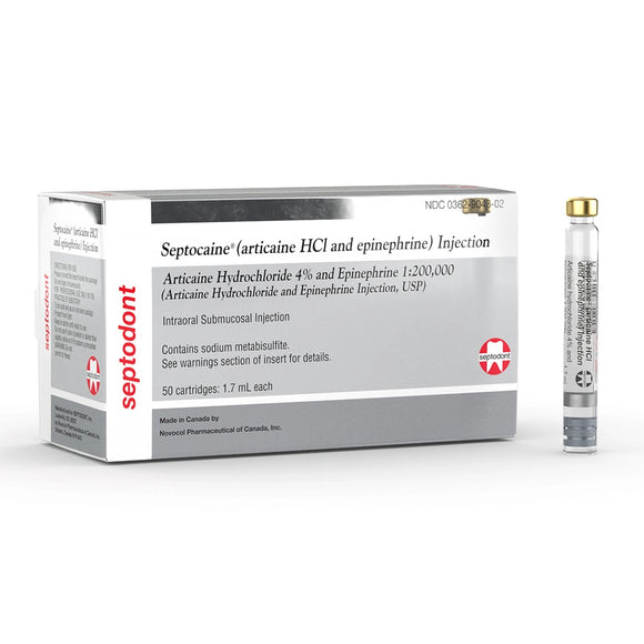 Septocaine Articaine HCl 4% with Epinephrine 1:200,000 Cartridges Box of 50 - 1.7 mL