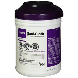 Super Sani-Cloth Large Wipes (6" x 6.75") 160/CANISTER. High Alcohol (55%). EPA case of 12 jars